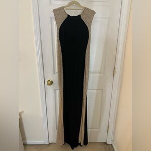 Xscape Black Evening Gown with Gold Beaded Accents